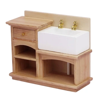 1: 12 Шкаф для умывальника с керамической ручной раковиной Миниатюрная имитационная модель мебели для украшения кухни в ванной комнате кукольного домика