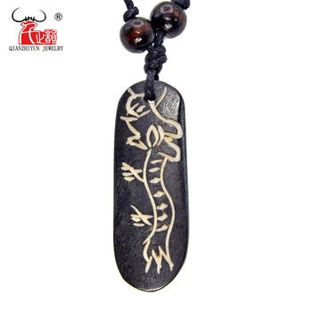 1ШТ Винтажное Тибетское ожерелье из кости яка, Черная круглая подвеска, Мужские и женские украшения-талисманы ручной работы, резной лунь