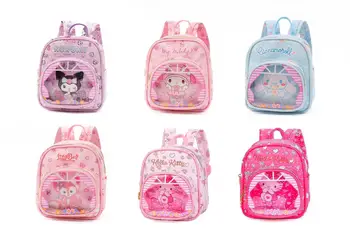 20 см Sanrios Kawaii Hello Kittys Cinnamoroll Kuromi My Melody Мультфильм Милый Кожаный Прозрачный Детский рюкзак Школьная сумка
