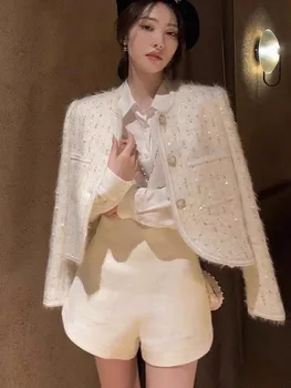 2022 Новая женская одежда Entry Lux с тяжелой вышивкой пайетками, короткая модель в стиле светской львицы белого цвета, пальто для женщин