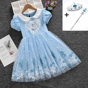 2023 Летнее платье принцессы замороженной Эльзы для девочек, хлопковые кружевные платья с коротким рукавом на день рождения, повседневная одежда с героями мультфильмов для маленьких девочек