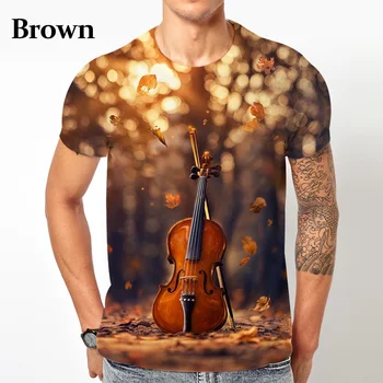 2023 Летняя новая мужская футболка с 3D рисунком скрипки, модная повседневная футболка в стиле ретро с круглым вырезом и коротким рукавом, свободная дышащая футболка оверсайз