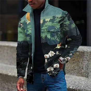2023 Осень-зима Мужские куртки Harajuku Модные пальто с принтом в стиле пэчворк Для мужчин Повседневная верхняя одежда с отложным воротником на пуговицах