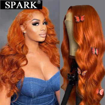32 34-дюймовый Оранжевый Имбирный парик на кружеве из человеческих волос 13x4 Объемная волна Парик на кружеве из предварительно выщипанных цветных человеческих волос Парики для женщин