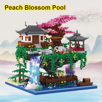 3320 шт. Домик на дереве, мини-алмазный блок, бассейн с цветами персика, Традиционный для легкой китайской архитектуры, Строительные блоки