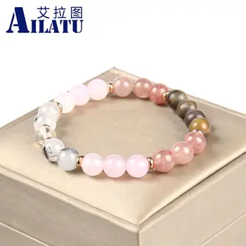 Ailatu, Новый браслет с кристаллами, аметистом, розовым кварцем, прозрачным кварцем, 8 мм Круглые бусины для заживления, ювелирные изделия