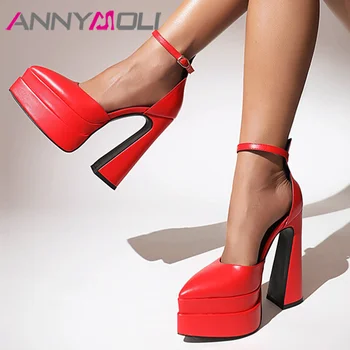ANNYMOLI/ Женские туфли-лодочки из искусственной кожи на платформе и очень высоком каблуке с острым носком, ремешок на щиколотке, пряжка, Пикантные весенне-осенние туфли, красные