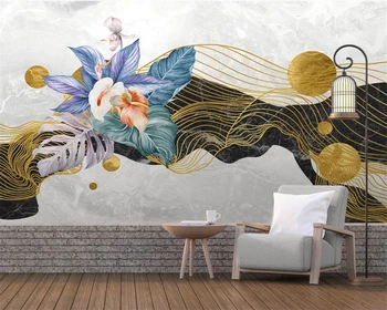 beibehang papel de parede Настраивает новые современные абстрактные обои ручной росписи с золотыми линиями, пейзаж с тропическими растениями