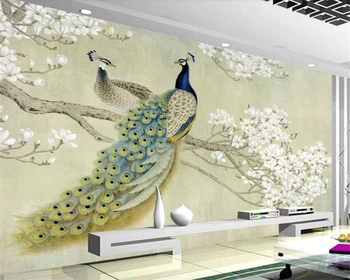 beibehang Высококачественные обои 3D живопись китайская живопись павлин птица магнолия стена в китайском стиле на заказ большая фреска зеленая стена