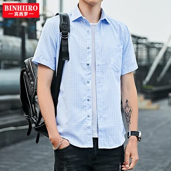 BINHIRO Летние хлопчатобумажные Дышащие мужские рубашки в клетку с коротким рукавом, Полосатая мужская одежда делового обычного покроя, Свободные повседневные рубашки