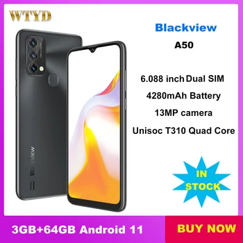 Blackview A50 3 ГБ + 64 ГБ 6,088 дюймов Android 11,0 Телефон Unisoc T310 Четырехъядерный 4G Смартфон с двумя SIM-картами