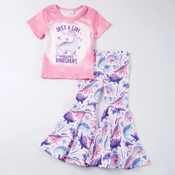 Girlymax Осень-лето, детская одежда для маленьких девочек, молочный шелк, свиньи, Динозавр, цыпленок, подсолнух, Расклешенные брюки, Отбеленная футболка, комплект