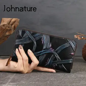 Johnature 2023 Новый винтажный кошелек из натуральной кожи с тиснением ручной работы, держатель для карт, женские кошельки для рук, длинный кошелек из воловьей кожи