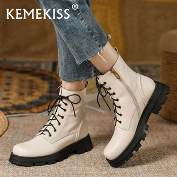 KemeKiss/ Женская обувь из натуральной кожи, ботильоны на низком каблуке, модные зимние короткие ботинки на шнуровке, классная женская обувь, Размер 34-40