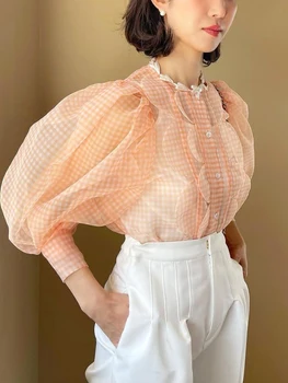 LY VAREY LIN, Летние топы в Японском стиле, Женская Прозрачная милая рубашка с пышными рукавами, Однобортная клетчатая Шифоновая блузка в стиле пэчворк