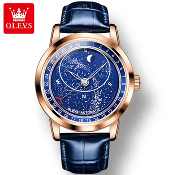 OLEVS 9923, модные мужские часы с ремешком из натуральной кожи, высококачественные водонепроницаемые Автоматические Механические мужские наручные часы, светящиеся