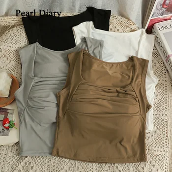 Pearl Diary Корейская мода Плиссированная женщина-майка С Квадратным воротником, Без рукавов, Утолщенные Майки, Женщины в бюстгальтерах, Укороченный топ, Женщина
