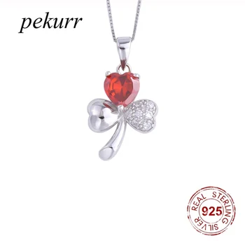 Pekurr, Серебро 925 пробы, Рубин, Циркон, Ожерелья из 3 листьев Клевера Для женщин, Подвески 