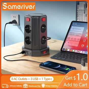 Sameriver Несколько Вертикальных Полос Питания EU Plug 8 Розеток 3 USB A + 1 USB C Защита Цепи для Домашнего Офиса Удлинитель длиной 3 М