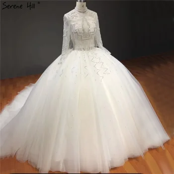 Serene Hill Dubai Высококачественное белое блестящее сексуальное свадебное платье с длинными рукавами и кисточками, расшитое бисером, свадебное платье на заказ CHA2270