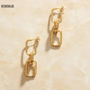 SOMMAR Fashion, Новый дизайн бренда Luxurio 18KGP, Позолоченные серьги-гвоздики Maiden, женские серьги в два квадрата, ювелирные изделия