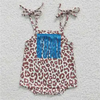 SR0288 Летняя коричневая леопардово-синяя майка с бахромой, Новое поступление, комбинезон, боди для новорожденных девочек, одежда, боди