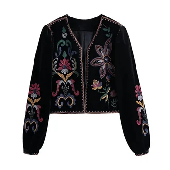TEELYNN/ Женская Короткая куртка-Кардиган в стиле Ретро с Цветочной Тяжелой Этнической Вышивкой, Винтажные Осенне-Зимние Пальто в стиле Бохо с V-образным вырезом
