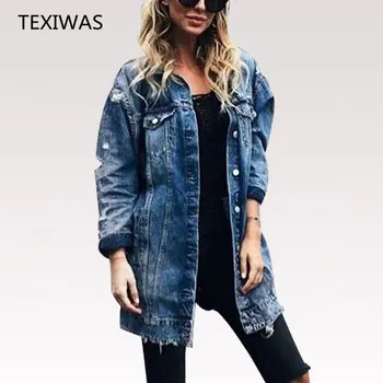 TEXIWAS Осенние джинсовые куртки Макси, женские винтажные куртки с дырками и потертыми пуговицами, джинсовое пальто, топы, Свободная весенняя куртка, верхняя одежда