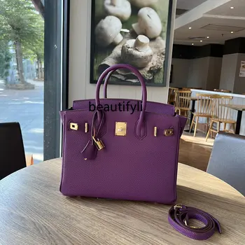 yj Фиолетовая кожаная сумка большой емкости из первого слоя воловьей кожи Женская сумка через плечо