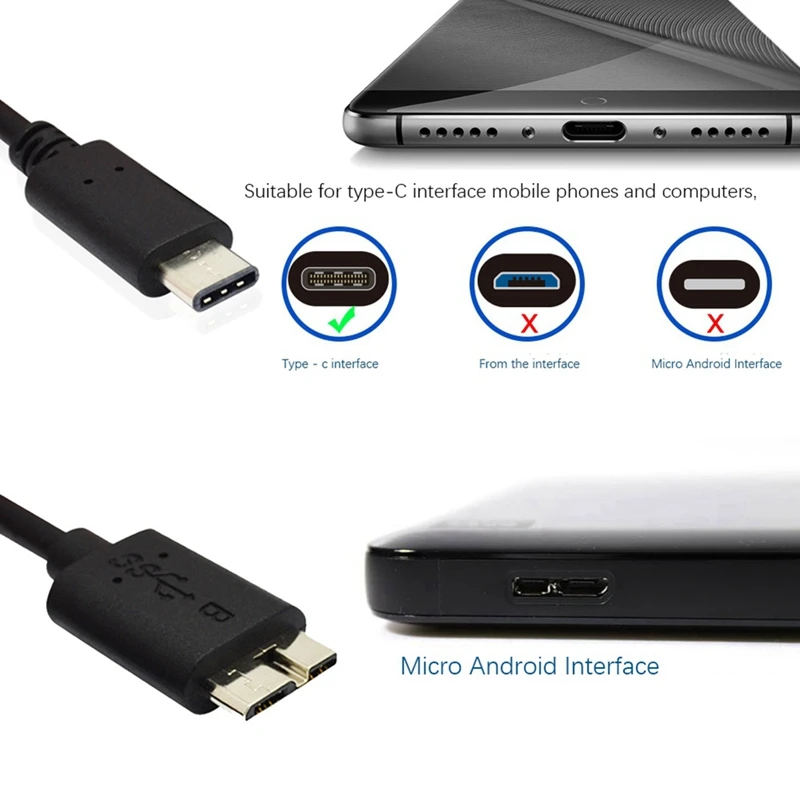 2 кабеля для жесткого диска, разъем USB 3.1 Type-C к разъему USB 3.0 Micro-B для передачи данных для планшетного телефона Изображение 2
