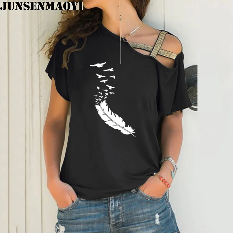 2022 Новая модная Летняя женская футболка, повседневные футболки с короткими рукавами, Сексуальные футболки с принтом из перьев неправильной формы, Свободная футболка Изображение 1