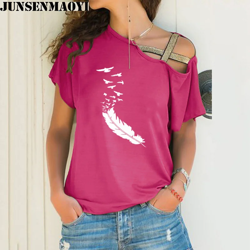 2022 Новая модная Летняя женская футболка, повседневные футболки с короткими рукавами, Сексуальные футболки с принтом из перьев неправильной формы, Свободная футболка Изображение 2