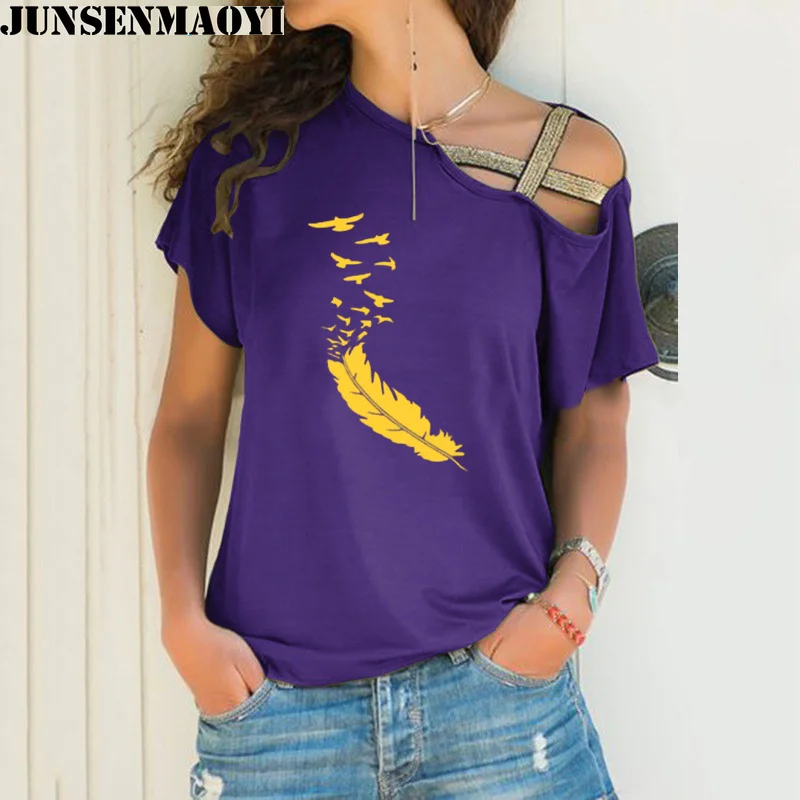 2022 Новая модная Летняя женская футболка, повседневные футболки с короткими рукавами, Сексуальные футболки с принтом из перьев неправильной формы, Свободная футболка Изображение 3