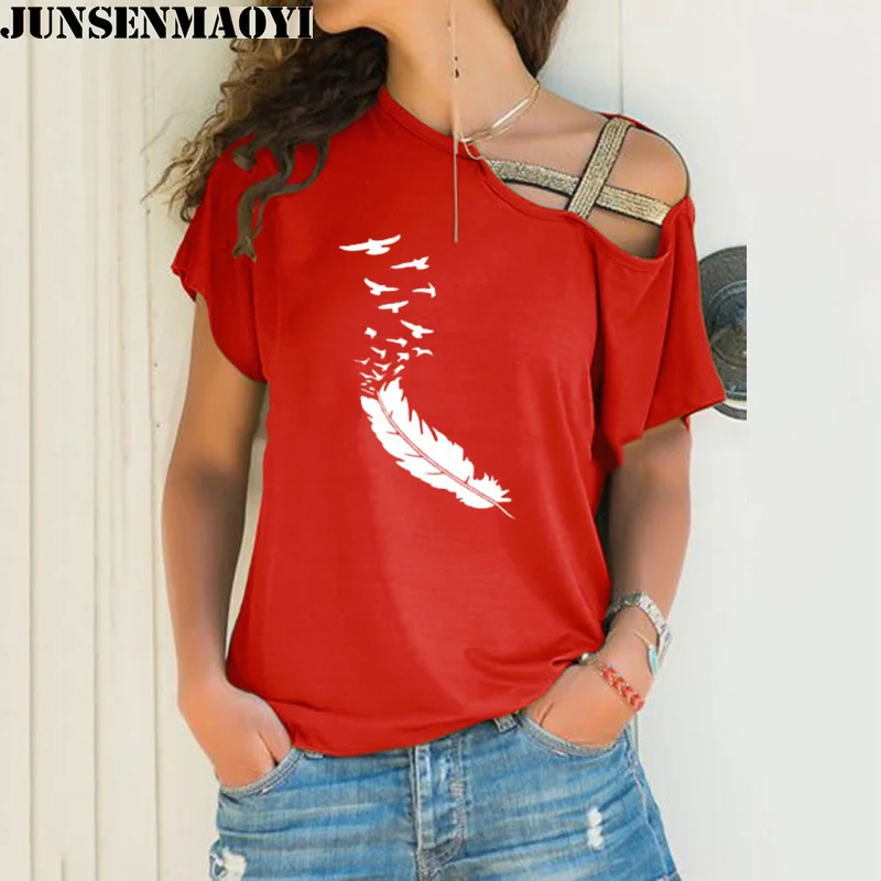 2022 Новая модная Летняя женская футболка, повседневные футболки с короткими рукавами, Сексуальные футболки с принтом из перьев неправильной формы, Свободная футболка Изображение 4