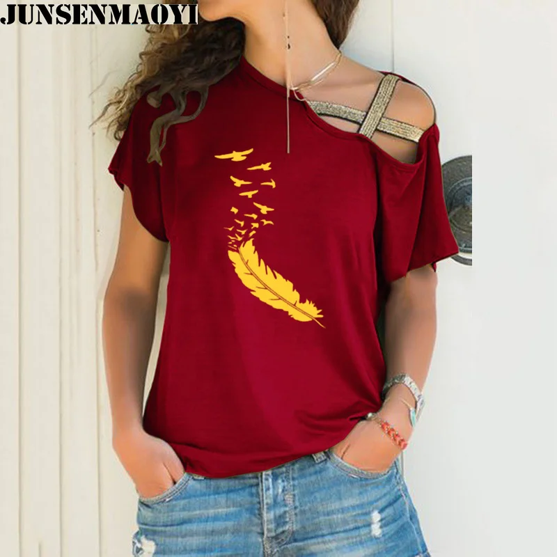 2022 Новая модная Летняя женская футболка, повседневные футболки с короткими рукавами, Сексуальные футболки с принтом из перьев неправильной формы, Свободная футболка Изображение 5