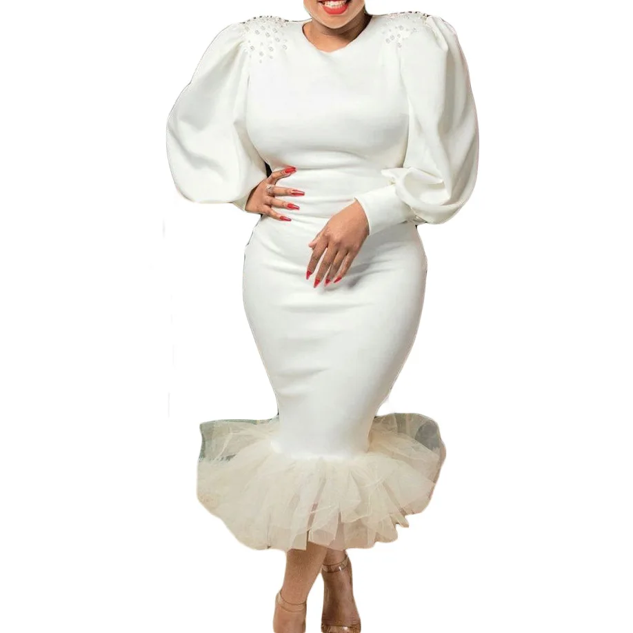 2023 Африканские платья для женщин, летние Африканские платья с рукавами-фонариками, расшитые бисером, с высокой талией, в стиле пэчворк, с круглым вырезом, Элегантное свадебное платье Изображение 3