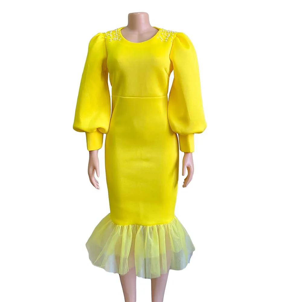 2023 Африканские платья для женщин, летние Африканские платья с рукавами-фонариками, расшитые бисером, с высокой талией, в стиле пэчворк, с круглым вырезом, Элегантное свадебное платье Изображение 5