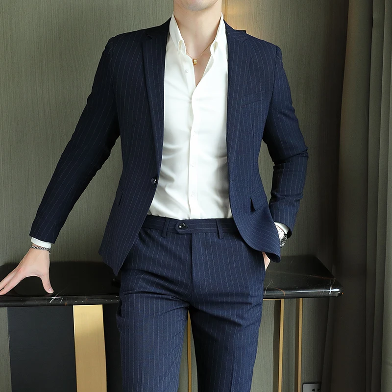 2023 Мужская одежда высокого класса (блейзер + брюки в западном стиле) Британский свадебный костюм, модный деловой повседневный тренд, красивый блейзер, комплект из двух предметов Изображение 2