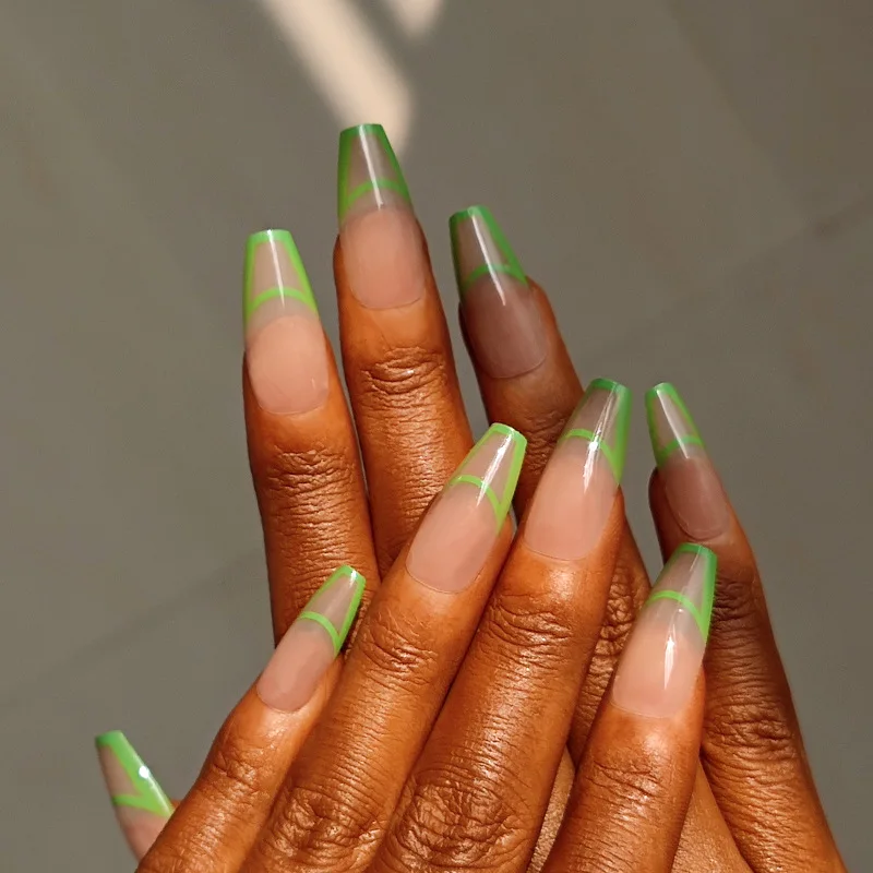24шт съемный накладной лак для ногтей с отделкой Черный маникюр длинный флуоресцентный зеленый Французский уличный Изображение 2