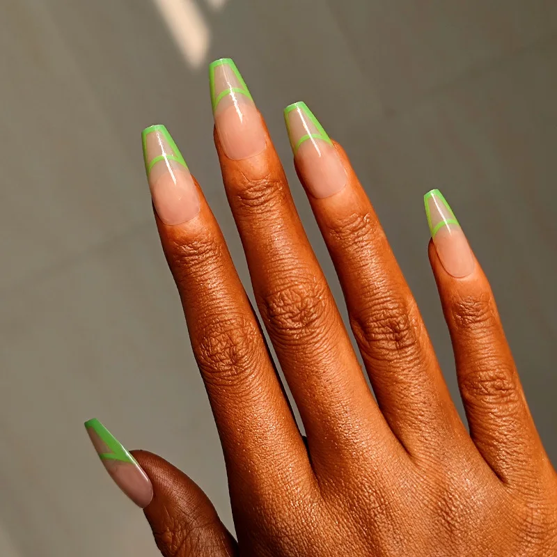 24шт съемный накладной лак для ногтей с отделкой Черный маникюр длинный флуоресцентный зеленый Французский уличный Изображение 3