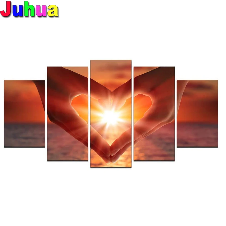 5-панельная романтическая картина с бриллиантами для влюбленных подарков Красивый восход солнца на пляже с изображением сердца руками Декор гостиной Изображение 0