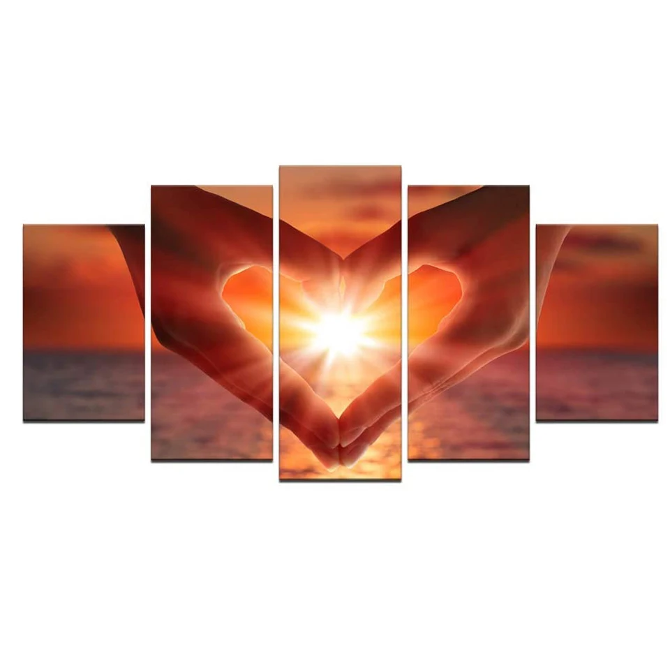5-панельная романтическая картина с бриллиантами для влюбленных подарков Красивый восход солнца на пляже с изображением сердца руками Декор гостиной Изображение 5
