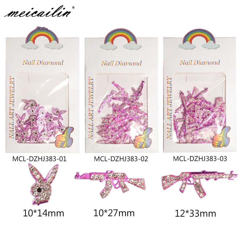 5шт Розовый Кролик, дизайн Пистолета, Подвески для дизайна ногтей, 3D Кролик, Сплав Металла, Стразы, Украшения для ногтей, Бриллиантовый Аксессуар, Маникюр Изображение 0