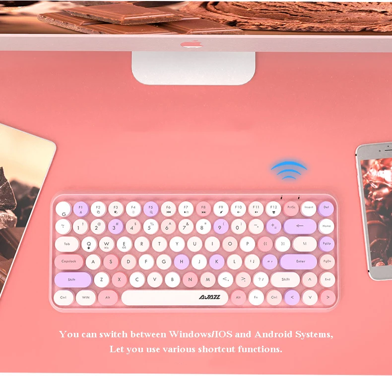 AJAZZ 308I Розовая Клавиатура для Планшетов iPad, Мобильных Телефонов, Мини-84-Клавишных Ретро-Круглых Клавишных Колпачков, Bluetooth-совместимая Клавиатура Изображение 2