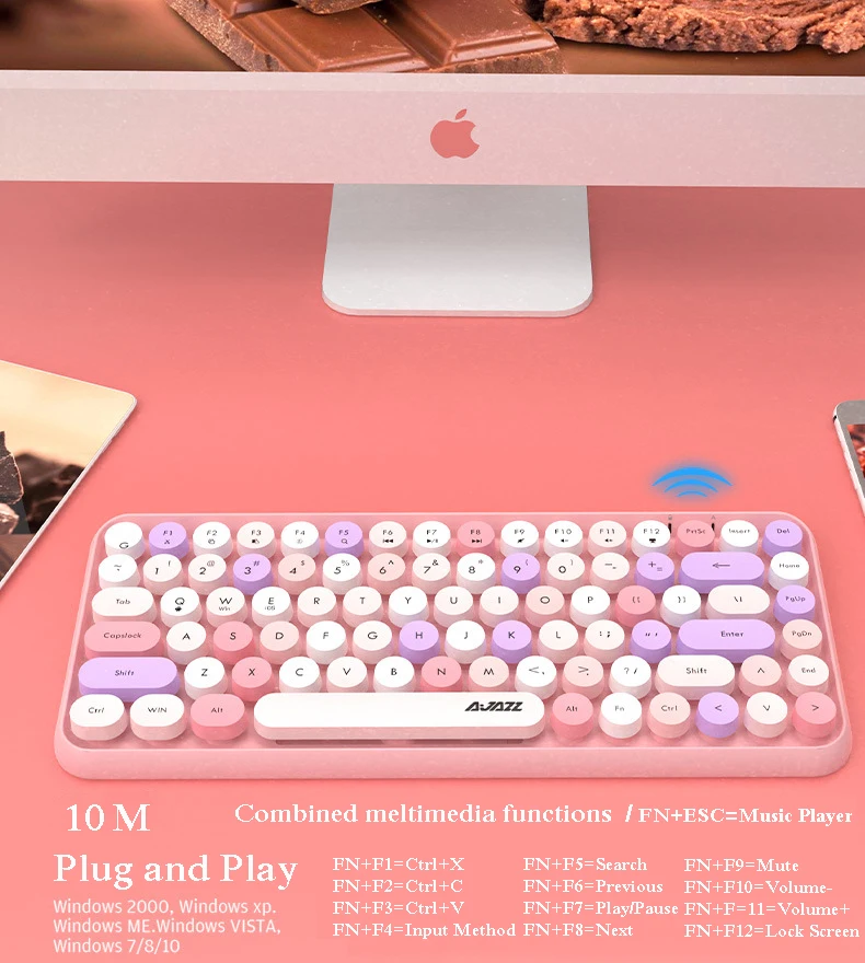 AJAZZ 308I Розовая Клавиатура для Планшетов iPad, Мобильных Телефонов, Мини-84-Клавишных Ретро-Круглых Клавишных Колпачков, Bluetooth-совместимая Клавиатура Изображение 4
