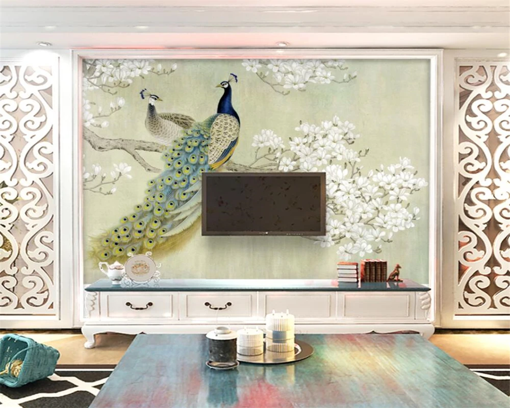 beibehang Высококачественные обои 3D живопись китайская живопись павлин птица магнолия стена в китайском стиле на заказ большая фреска зеленая стена Изображение 1