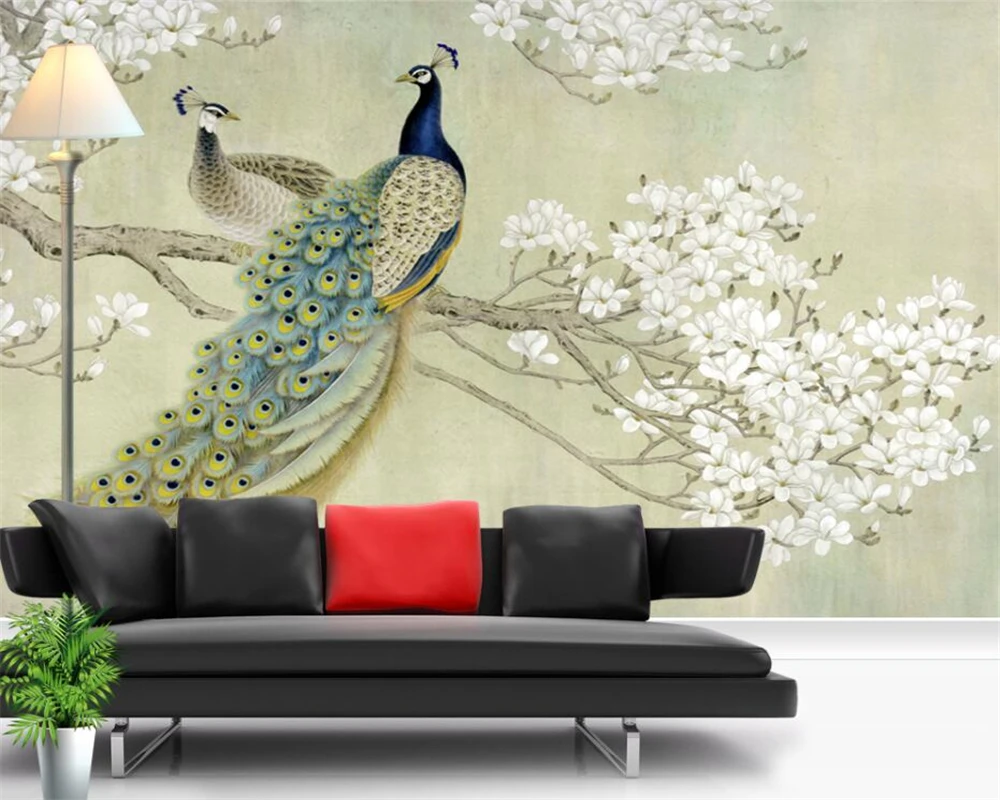 beibehang Высококачественные обои 3D живопись китайская живопись павлин птица магнолия стена в китайском стиле на заказ большая фреска зеленая стена Изображение 2