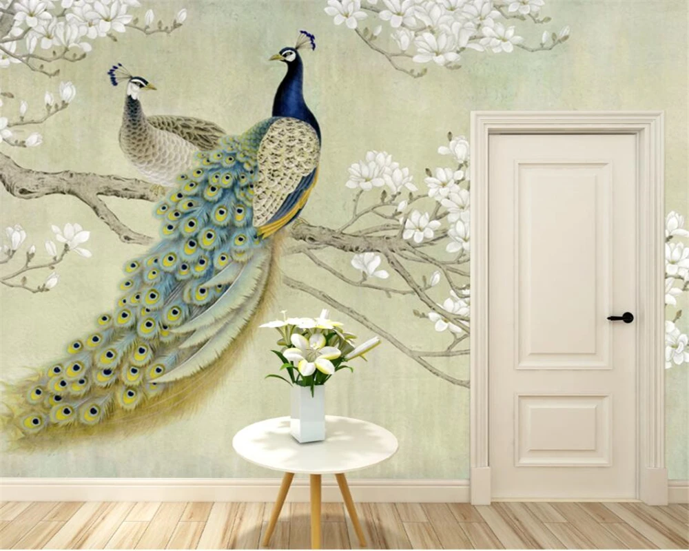 beibehang Высококачественные обои 3D живопись китайская живопись павлин птица магнолия стена в китайском стиле на заказ большая фреска зеленая стена Изображение 3