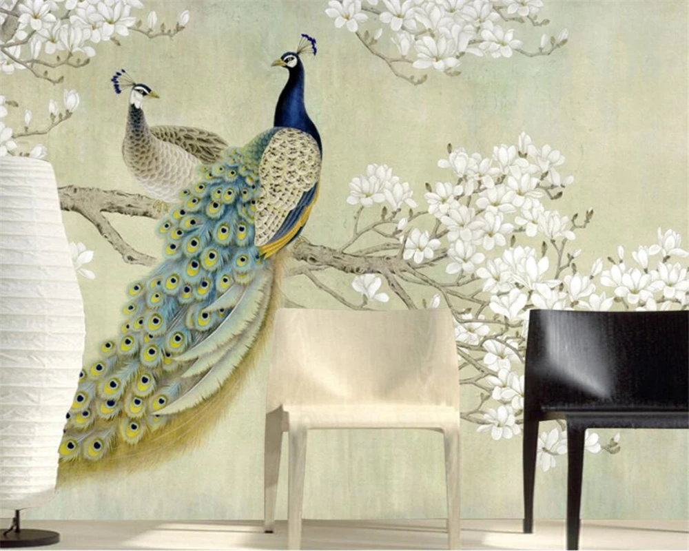beibehang Высококачественные обои 3D живопись китайская живопись павлин птица магнолия стена в китайском стиле на заказ большая фреска зеленая стена Изображение 4