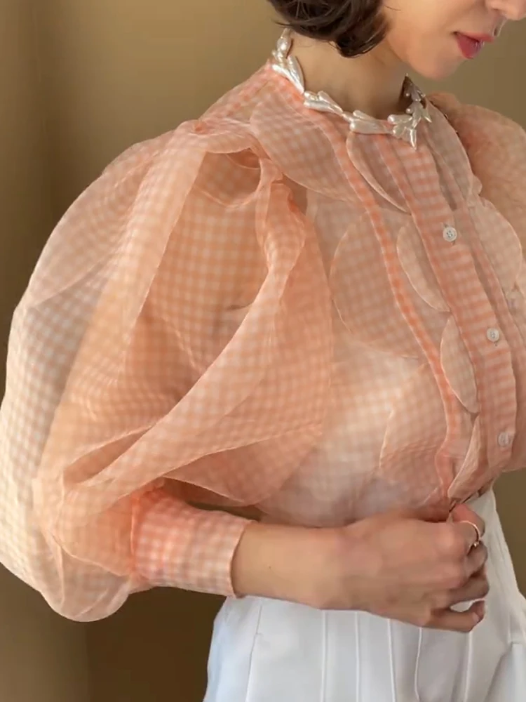 LY VAREY LIN, Летние топы в Японском стиле, Женская Прозрачная милая рубашка с пышными рукавами, Однобортная клетчатая Шифоновая блузка в стиле пэчворк Изображение 1